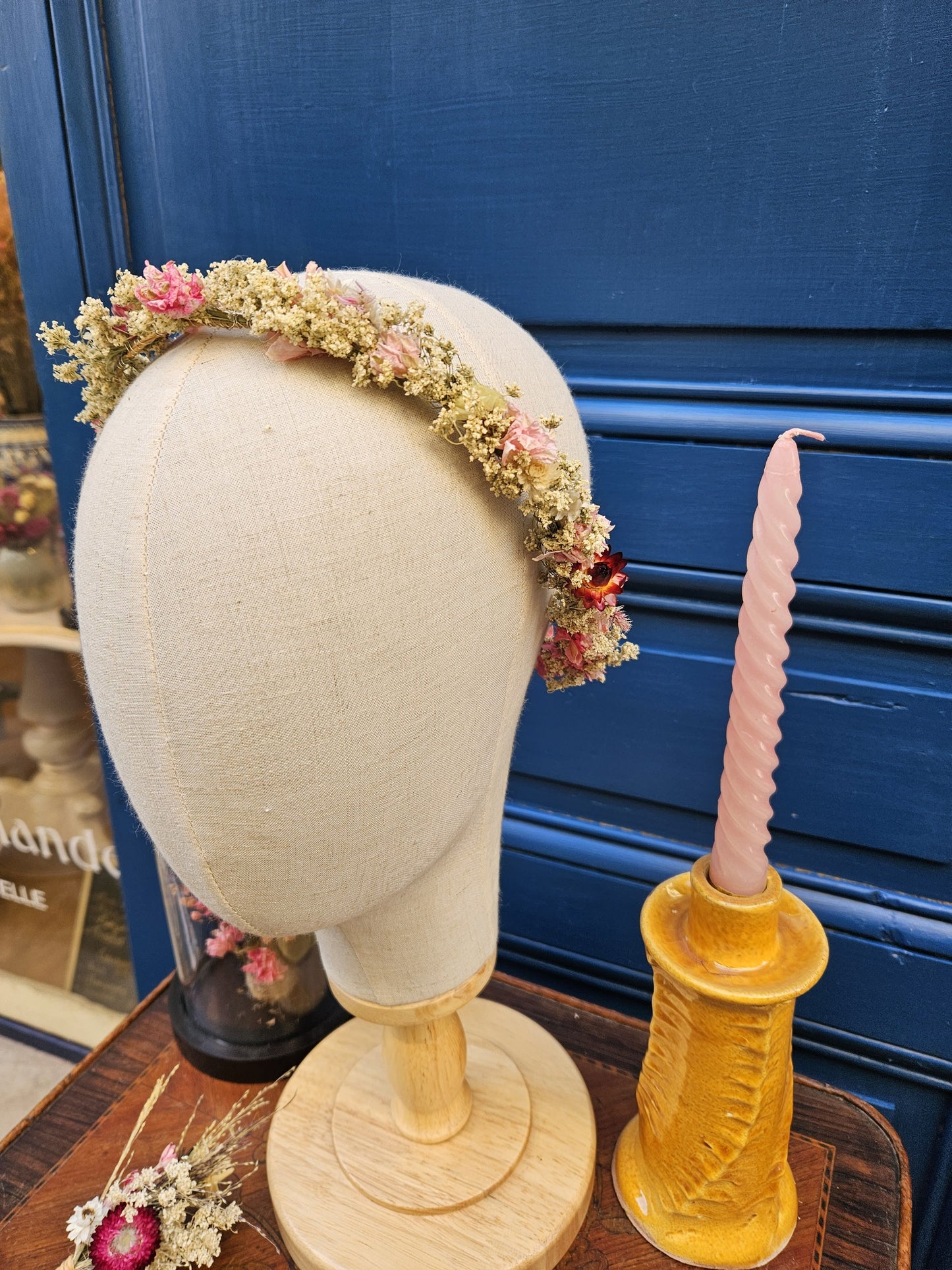 couronne de tete fleurs sechees la deauvillaise rose blanc