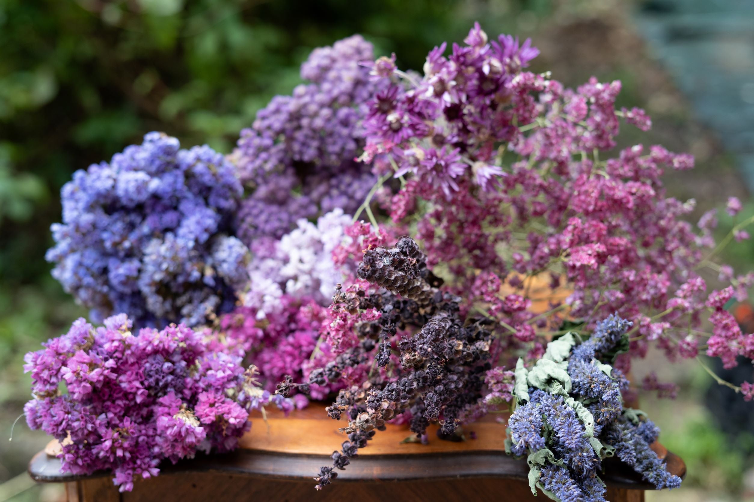 Bottes de fleurs séchées françaises locales bio de la ferme florale Fleurs de la clarté statice menthe