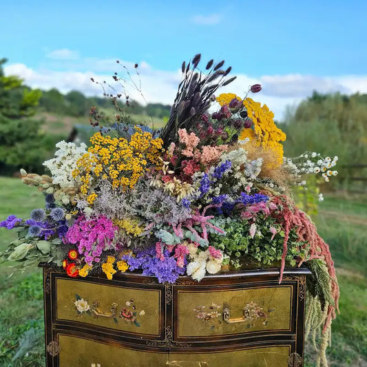 Bottes de fleurs séchées avec une grande diversité de variétés de couleurs, issues de la ferme florale normande des Fleurs de la Clarté