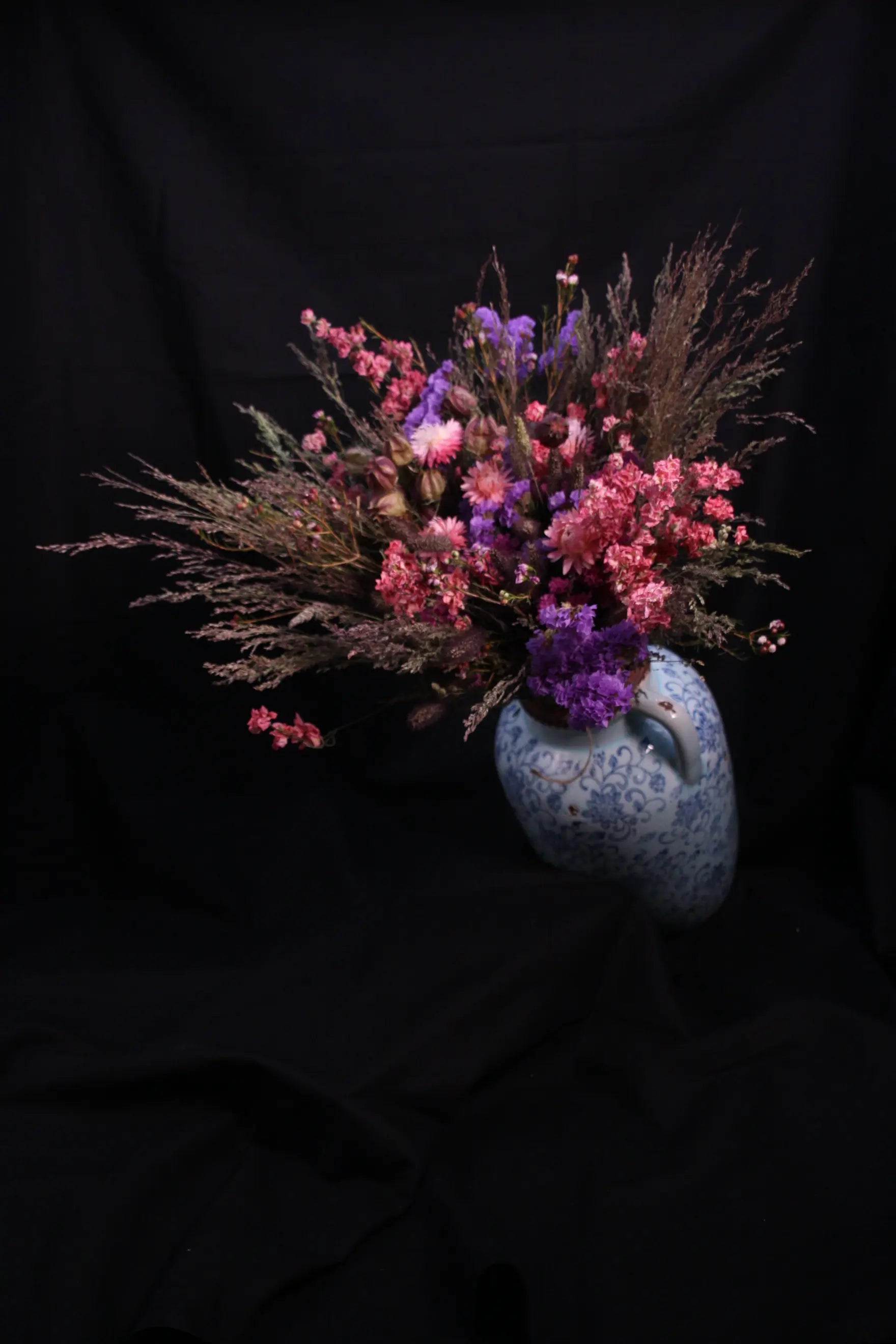 Gros bouquet de fleurs séchées automne rose et violet style glamour Charlotte