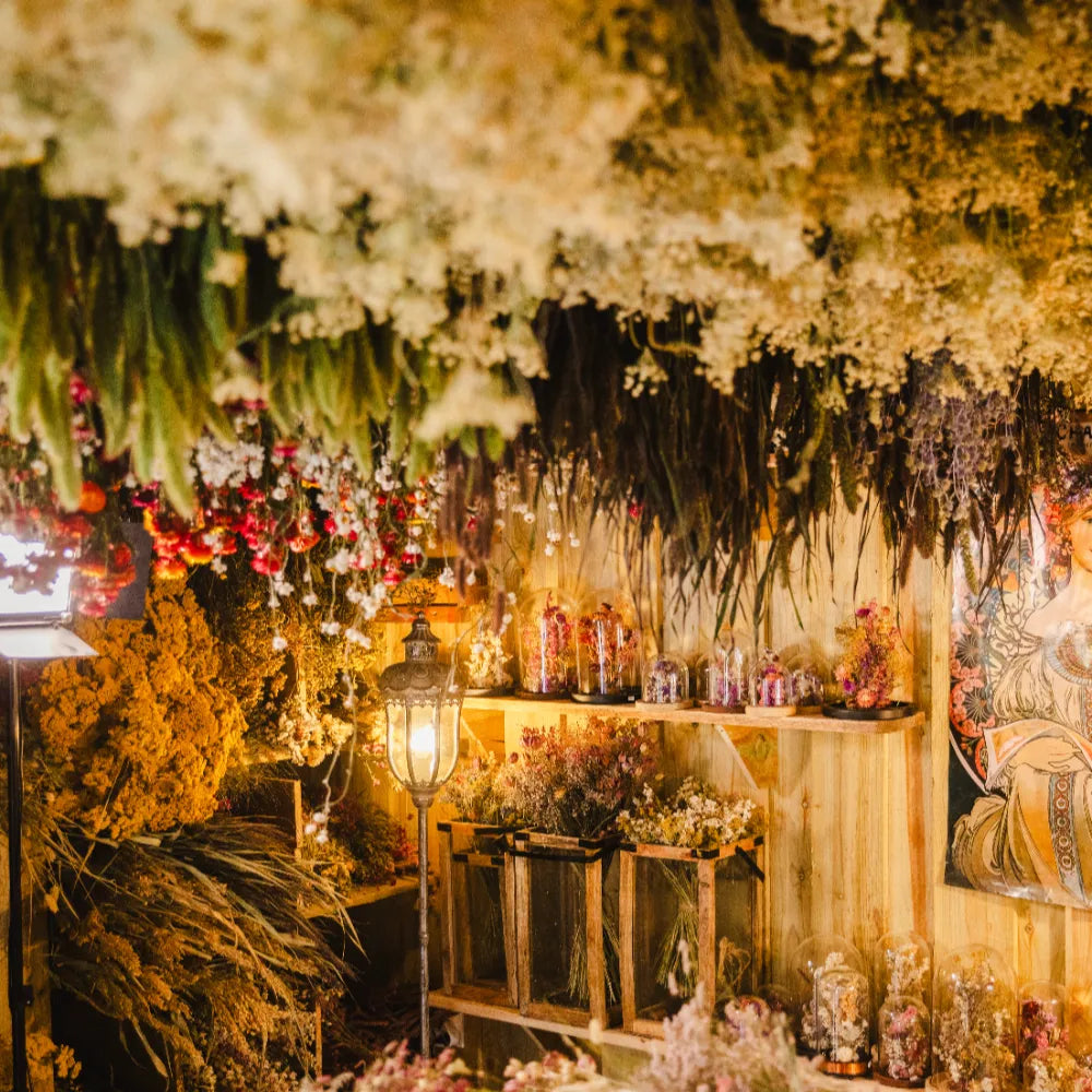 Boutique à la ferme florale des Fleurs de la Clarté - vue sur des cloches fleuries en fleurs séchées