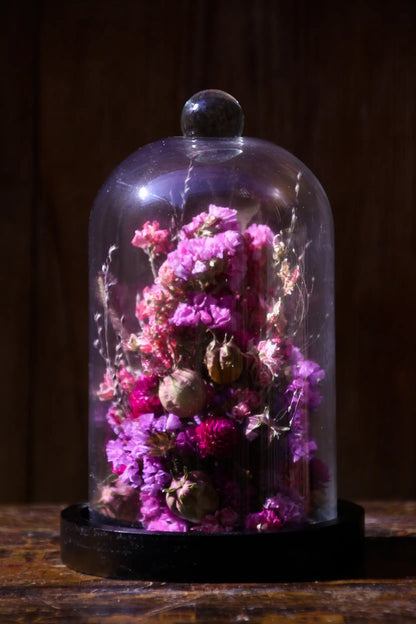 Composition printanière de fleurs séchées sous cloche pour une touche de fraîcheur.