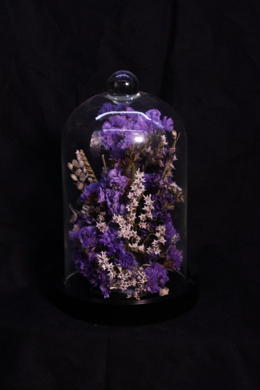 Cloche en verre Fleurs de la Clarté garnie d'une composition florale aux tons bleus.