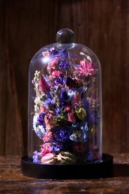 Composition florale harmonieuse de fleurs séchées protégée par sa cloche en verre lumineuse.