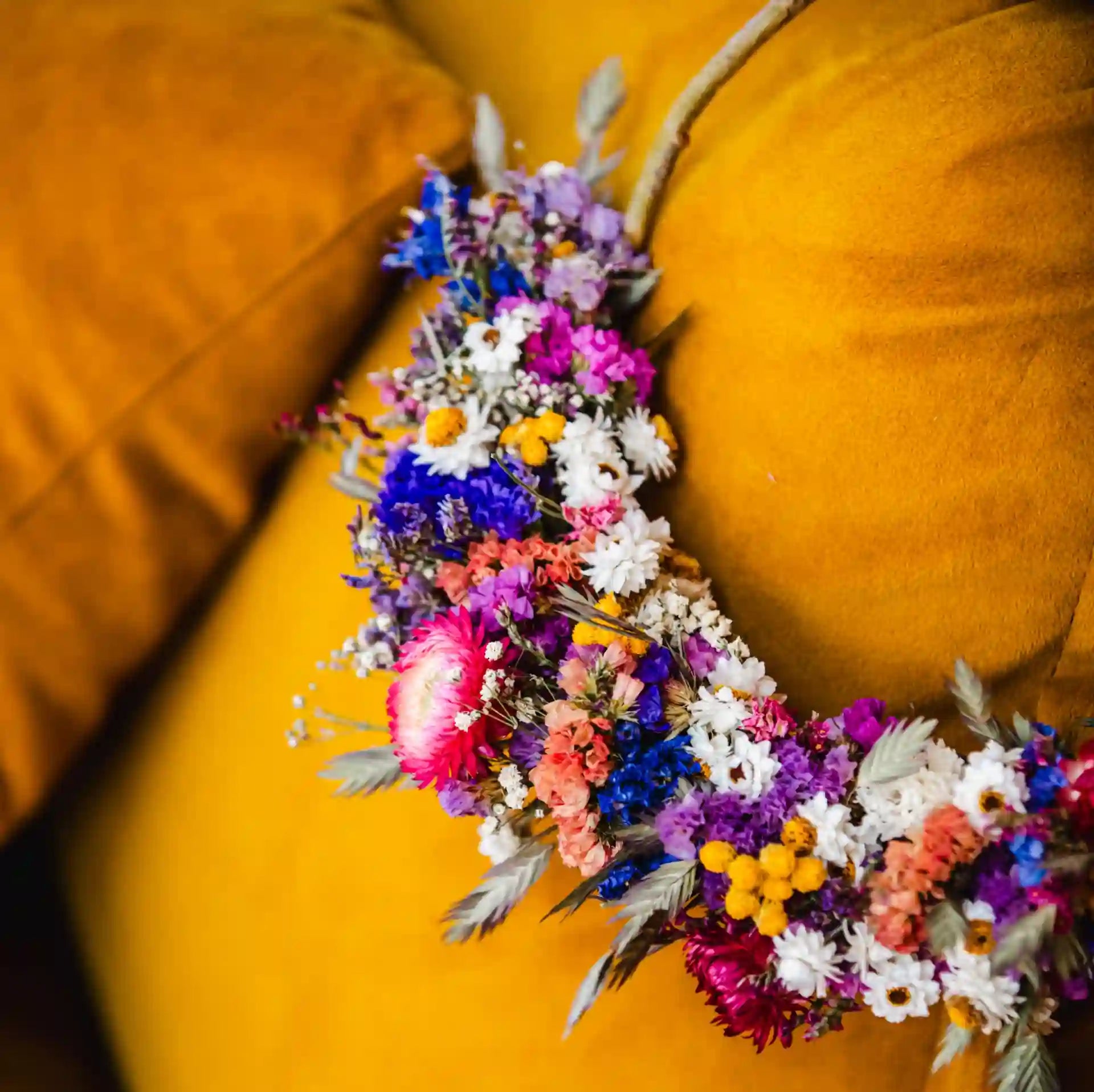 Décoration murale bohème : couronne de fleurs séchées françaises fait-main Granville