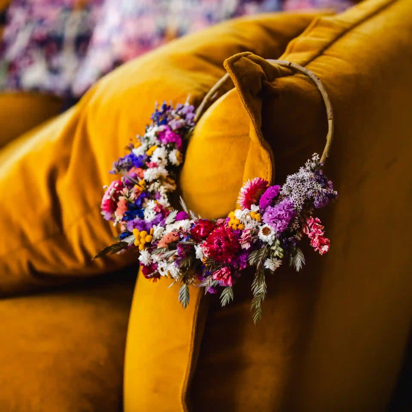 Décoration murale bohème : couronne de fleurs séchées françaises fait-main Granville