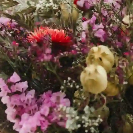 Zoom sur les immortelles rouges velours romantiques du bouquet Cabourg