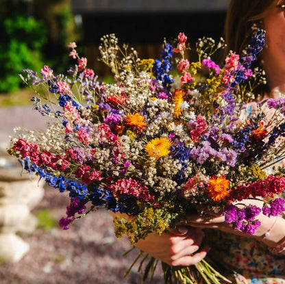 Détail de composition avec fleurs séchées naturelles pour un bouquet en fleurs séchées multicolore, rappelant le carnaval de Granville.