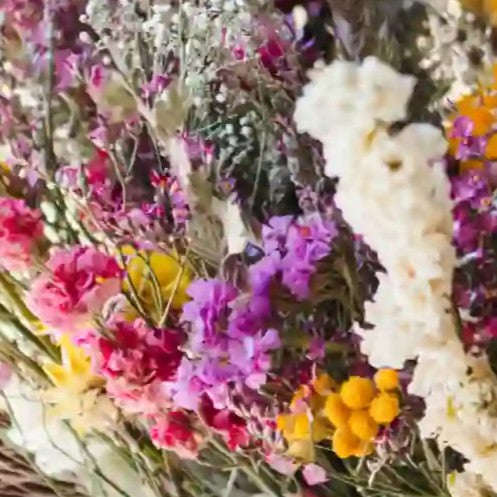 Gros plan sur les immortelles jaunes et le gypsophile du bouquet lumineux Trouville